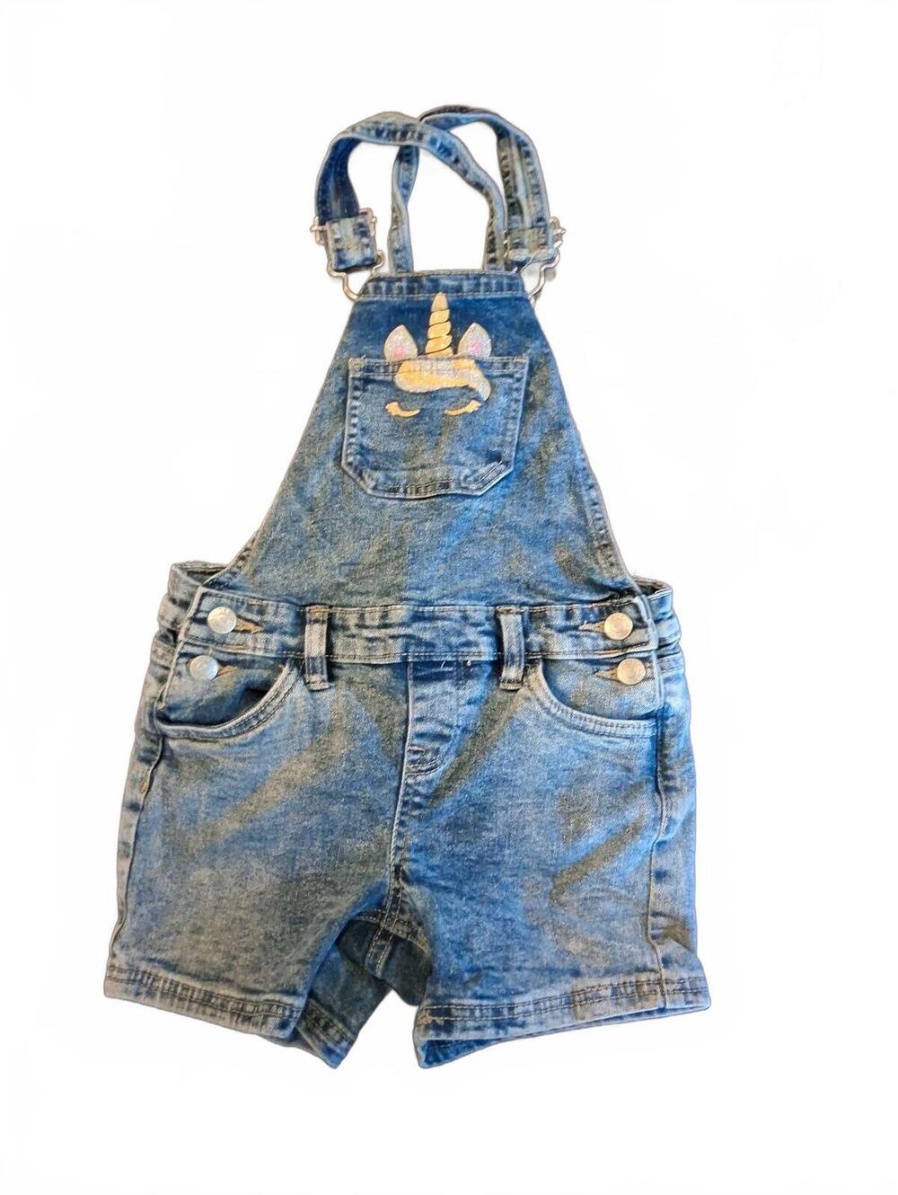 Vigoss Girls 6X Unicorn Denim Shortalls Acid Wash Jean Overall Shorts